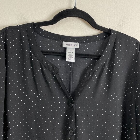 Catherines Womens Plus 0X 14/16W Black Polka Dot Button Up Blouse Tie Cuffs Top - Picture 2 of 7